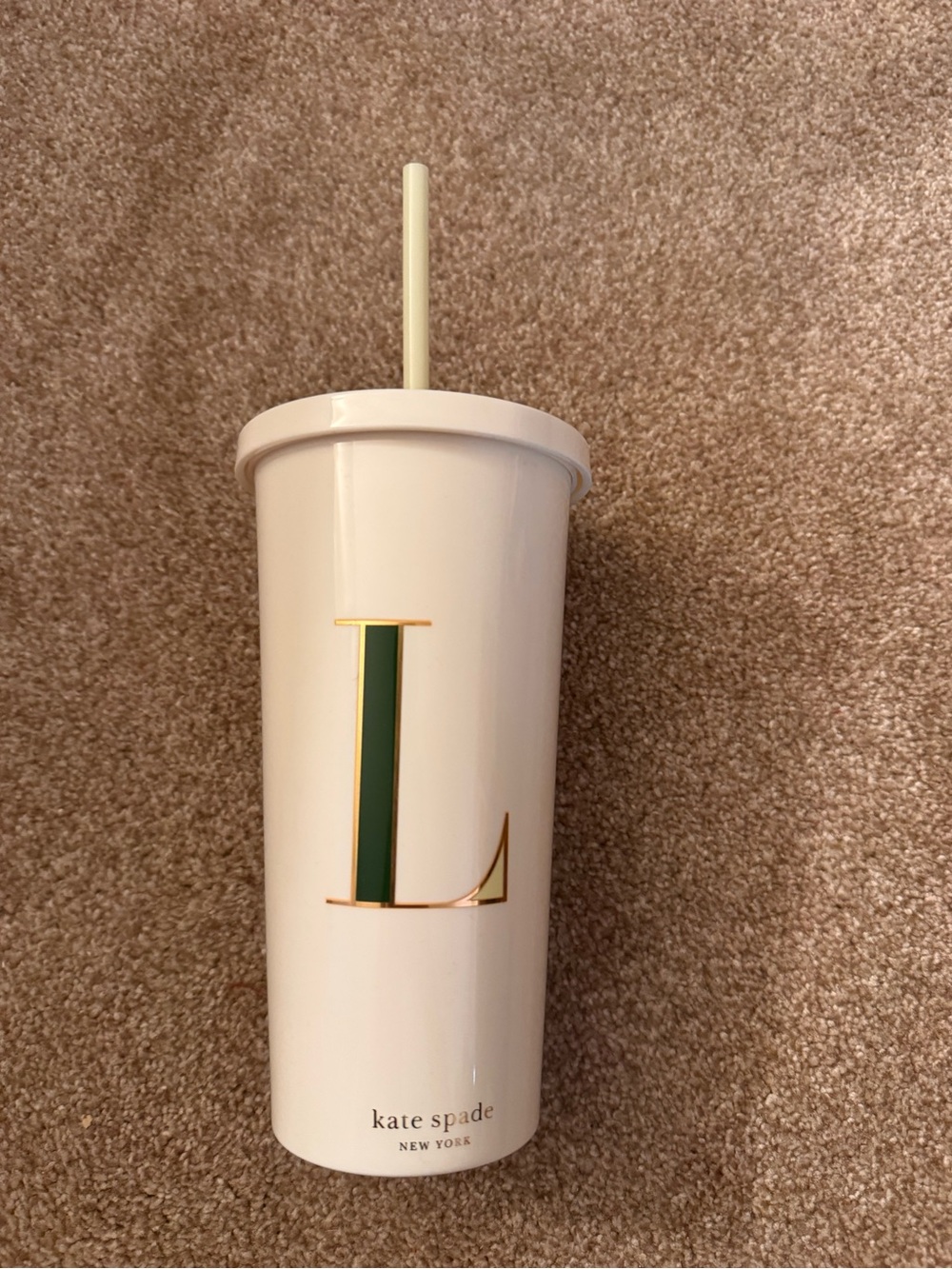 kate spade White Tumbler with Green and Gold 'L' Monogram